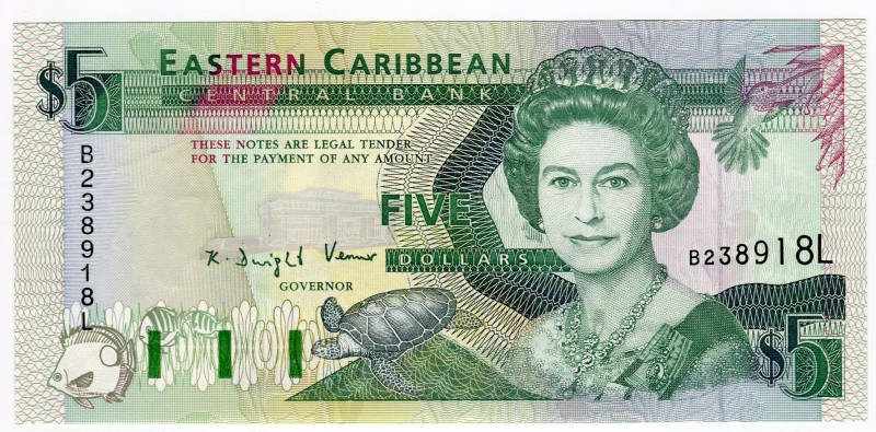 Eastern Caribbean Central Bank 5 Dollars 1994 Saint Lucia
P# 31i; UNC