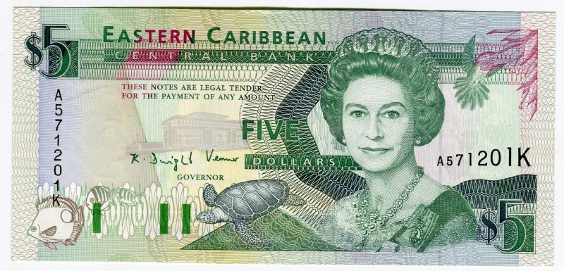 Eastern Caribbean Central Bank 5 Dollars 1994 Saint Kitts
P# 31k; UNC