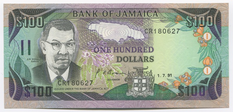 Jamaica 100 Dollars 1991
P# 75a; № CR 180627; UNC