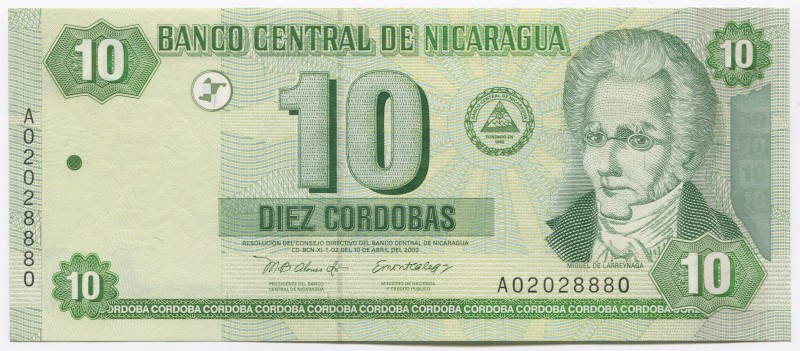 Nicaragua 10 Córdobas 2002
P# 191; № A 02028880; UNC