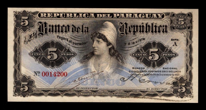 Paraguay 5 Pesos 1907 Rare
P# 156; 0014200; UNC.