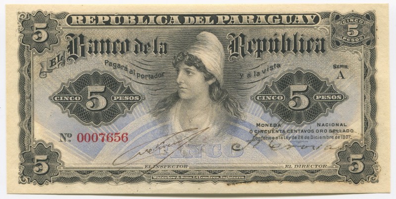 Paraguay 5 Pesos 1907
P# 156; UNC