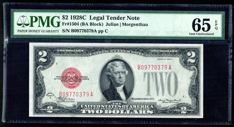 United States 2 Dollars 1928 C Legal Tender Note PMG GU65
Fr# 1504; № B09770379...