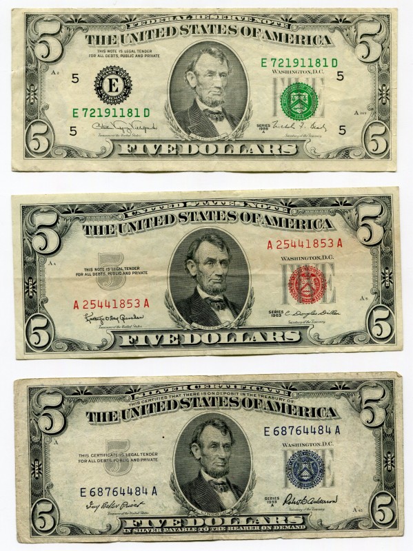 United States 3 X 5 Dollars 1953-1963-1988 BLUE-19RED-19GREEN SEAL
VF