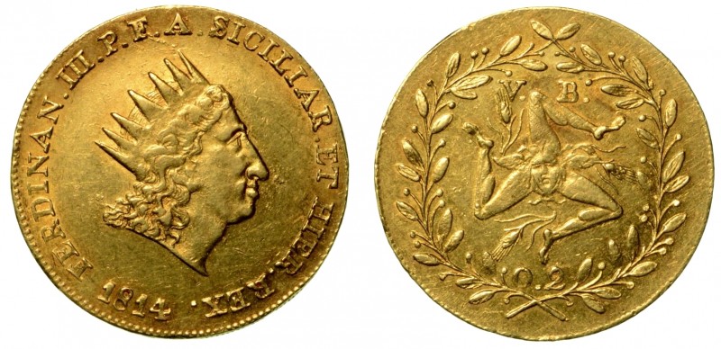 PALERMO. . Ferdinando III (1759-1816) - Doppia oncia 1814. Testa coronata a d. R...