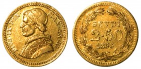 ROMA. Pio IX (1846-1870) - Da scudi 2,5 1856/XI. Busto a s. con mozzetta e stola. R/ Valore e data in corona di alloro. Gig. 20. g. 4,36 oro q.SPL

...