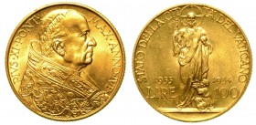 ROMA. Pio XI (1929-1938). VATICANO - 100 lire 1933-34 A. Jub. Busto a d. con zucchetto e piviale. R/ Cristo Re. Gig. 5. g. 8,80 oro q.FDC

No iva su...
