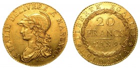 TORINO. Repubblica Subalpina (1800-1802) - 20 franchi/X. (A' Marengo). Busto muliebre a s. R/ Valore in corona di lauro. Gig. 2A Raro g. 6,44 Lievissi...