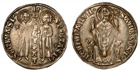 MILANO. Enrico VII di Lussemburgo (1310-1313) - Grosso con i tre santi (con IMPERATOR). I SS. Gervasio e Protasio nimbati, in piedi di prospetto, con ...