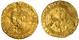 MILANO. Francesco I d'Angouleme (1515-1521) - Scudo d’oro del sole. Scudo di Francia coronato; sopra, piccolo sole raggiante. R/ Croce ornata alle est...