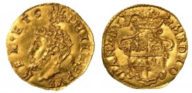 MILANO. Filippo II d'Asburgo (1554-1598) - Scudo d’oro del sole s.d. Testa a s. con corona radiata; sopra, sole raggiante. R/ Stemma ovale, inquartato...