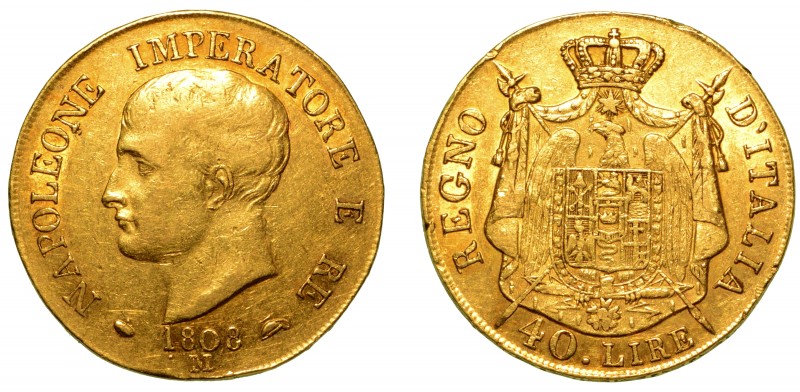 MILANO. Napoleone I Bonaparte (1805-1814) - 40 lire 1808 (contorno con legenda i...