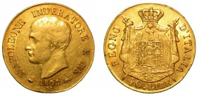 MILANO. Napoleone I Bonaparte (1805-1814) - 40 lire 1808 (contorno con legenda in rilievo). Testa nuda a s. R/ Aquila imperiale francese caricata dell...