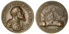 Pier Luigi Farnese duca di Parma e Piacenza (1503-1547). Medaglia in bronzo. Opus Bonzagni. Busto corazzato a d. R/ Veduta della cittadella di Parma. ...
