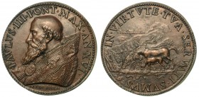 Paolo III (1534-1549) - Medaglia in bronzo (riconio). Opus Gianfederico Bonzagni. Busto del Papa a s. R/ Paesaggio agreste. In primo piano: una lupa, ...