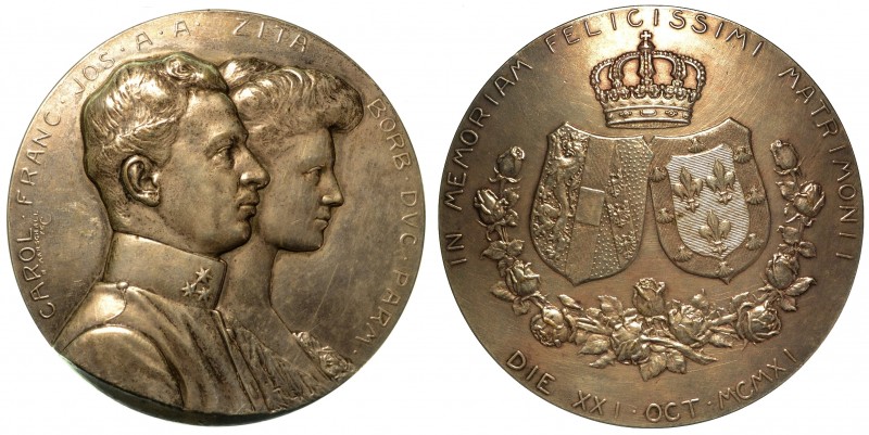 Carlo I d'Austria (1916-1918) e Zita di Borbone-Parma. Medaglia in argento per i...