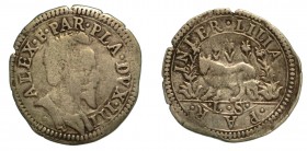 PARMA. Alessandro Farnese (1586-1591). Cavallotto sigla LS. Busto corazzato a destra. R/ Torello a sinistra tra piante di giglio; sotto, LS. RMM 19 Ra...
