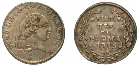 PARMA. Ferdinando I di Borbone (1765-1802). Da 3 lire 1795. Testa nuda a d.; sotto, stella. R/ LIRE / TRE / DI / PARMA / 1795. CNI 140/140; MIR 1076/5...