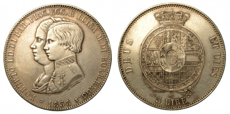 PARMA. Roberto di Borbone, reggenza della madre Luisa Maria (1854-1859). 5 lire ...