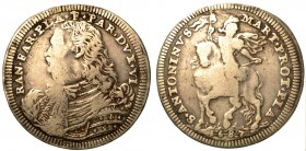 PIACENZA. Ranuccio II Farnese (1646-1694). Testone 1687. Busto corazzato a sinistra. R/ S. Antonino a cavallo, con vessillo; sotto, la data. RMM 16 g....