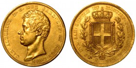 SAVOIA. Carlo Alberto (1831-1849) – 100 lire 1834 Torino. Busto a testa nuda a s. R/ Stemma sabaudo coronato. Gig. 5. g. 32,25 Colpetti oro BB/q.SPL
...
