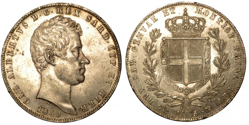 SAVOIA. Carlo Alberto (1831-1849) – 5 lire 1849/GE. Busto a d. R/ Stemma coronat...
