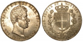 SAVOIA. Carlo Alberto (1831-1849) – 5 lire 1849/GE. Busto a d. R/ Stemma coronati, tra rami di alloro. Gig. 89 g. 25,11 arg q.FDC

Conservazione notev...