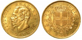 SAVOIA. Vittorio Emanuele II (Regno di Sardegna: 1849-1861) - 20 lire 1875 Roma.. Busto a s. R/ Scudo coronato, ornato del collare dell'Annunziata, tr...