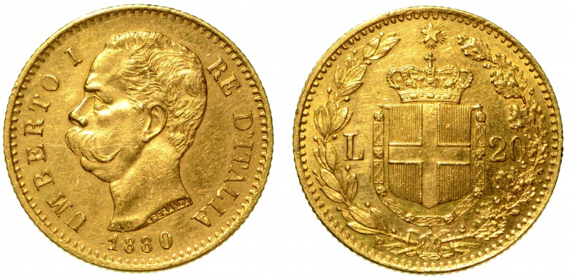 SAVOIA. Umberto I (1879-1900) - 20 lire 1880. Busto a s. R/ Scudo coronato, orna...
