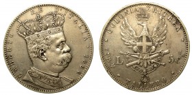 SAVOIA. Umberto I (1879-1900) - (Monetazione per la colonia Eritrea: 1890-1896) Tallero da 5 lire 1896. Semibusto coronato e in uniforme a d. R/ Aquil...