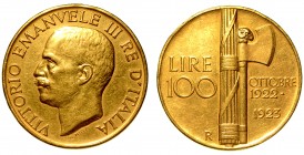 SAVOIA. Vittorio Emanuele III (1900-1946) - 100 lire 1923. Fascio. Testa nuda a s. R/ Fascio littorio con scure a d. Pag., 644. Gig., 7. g. 32,24 Rara...