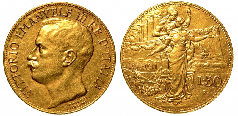 SAVOIA. Vittorio Emanuele III (1900-1946) - 50 lire 1911. Cinquantenario. Testa ...
