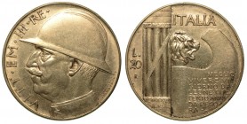 SAVOIA. Vittorio Emanuele III (1900-1946) - Da 20 lire 1928/VI. Elmetto. Semibusto in uniforme con testa elmata a s. R/ Fascio littorio. Pag., 680. Gi...