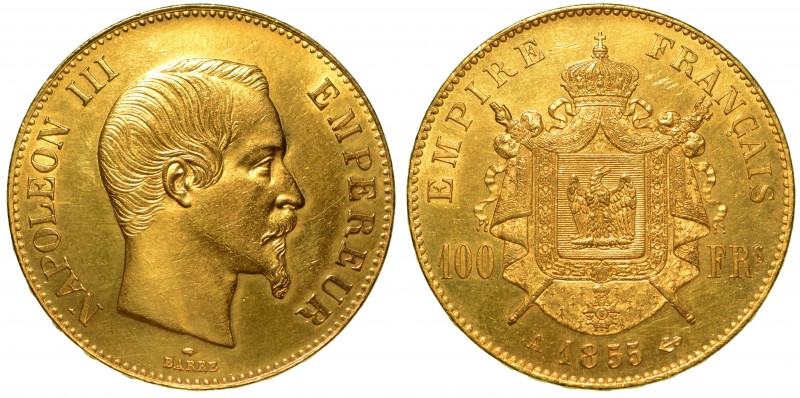 FRANCIA. Napoleone III (1852-1870) 100 Franchi 1855. Parigi. Testa a d. R/ Stemm...