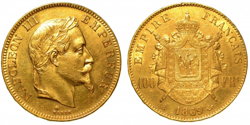 FRANCIA. Napoleone III (1852-1870) 100 Franchi 1869. Parigi. Testa a d. R/ Stemm...