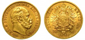 GERMANIA. Guglielmo I di Prussia (1861-1888) - Da 20 marchi 1873 Cleve. Testa a d. R/ Stemma coronato. K. 501. g. 7,97. Colpetto oro. BB/SPL

No iva...