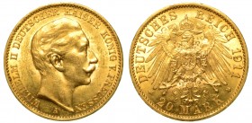 GERMANIA. Guglielmo II di Prussia (1888-1918) - Da 20 marchi 1911 Berlino. Testa a d. R/ Stemma coronato. K. 521. g. 7,98. oro. q.FDC

No iva sul ma...