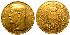 MONACO. Alberto I (1889-1922) - 100 Franchi 1891. Parigi. Testa a sinistra. R/ Stemma ovale coronato entro due corone di alloro e di palma. K 105. g. ...