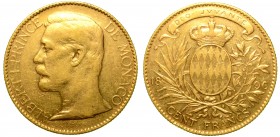 MONACO. Alberto I (1889-1922) - 100 Franchi 1896. Parigi. Testa a sinistra. R/ Stemma ovale coronato entro due corone di alloro e di palma. K 105. g. ...