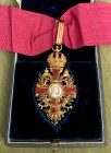 AUSTRIA. Francesco Giuseppe (1848-1916) - Ordine di Francesco Giuseppe. Croce da commendatore. Astuccio da conferimento. Oro e smalti. Dim. 36x67