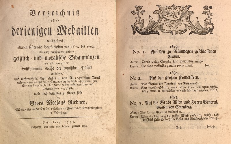 RIEDNER G. N. Verzeichni aller Derienigen Medaillen. Nurnberg, 1776.  142 pp. + ...