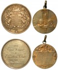 Lotto di 2 medaglie soggetto equitazione Reggio Emilia e carnevale Como anni 1864 e 1928. Dim. mm. 40 - 32