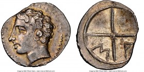 GAUL. Massalia. Ca. 2nd century BC. AR obol (11mm, 9h). NGC Choice XF. Ca. 350-150 BC. Bare head of Apollo left / MA within two spokes of a wheel. SNG...