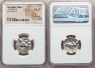 CALABRIA. Tarentum. Ca. 380-340 BC. AR stater or didrachm (20mm, 2h). NGC Choice Fine, overstruck. D- and K-, magistrates. Helmeted, nude warrior on h...