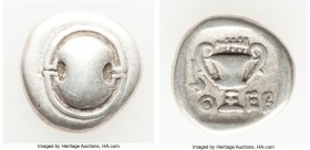 BOEOTIA. Federal Coinage. Ca. 425-375 BC. AR hemidrachm (12mm, 2.56 gm, 12h). VF. Boeotian shield / Θ-EB, cantharus, club right above, axe to left, al...