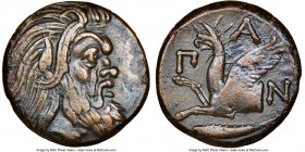 CIMMERIAN BOSPORUS. Panticapaeum. 4th century BC. AE (21mm, 1h). NGC Choice VF. Head of bearded Pan right / Π-A-N, forepart of griffin left, sturgeon ...