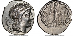 AEOLIS. Myrina. Ca. 160-143 BC. AR drachm (17mm, 10h). NGC Choice VF. Laureate head of Apollo right, hair falling in two long curls over shoulder / MY...