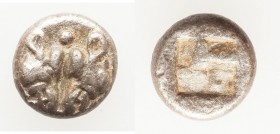 LESBOS. Uncertain mint. Ca. 500-450 BC. AR hemiobol (9mm, 0.92 gm). VF. Confronted boar heads; pellet above / Irregular quadripartite incuse square. R...