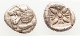 IONIA. Miletus. Ca. late 6th-5th centuries BC. AR 1/12 stater or obol (10mm, 1.13 gm). Choice VF. Milesian standard. Forepart of roaring lion right, h...