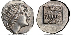 CARIAN ISLANDS. Rhodes. Ca. 88-84 BC. AR drachm (16mm, 11h). NGC AU. 'Plinthophoric' coinage, Menodorus, magistrate. Radiate head of Helios right / MH...